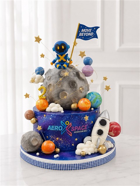 Kue antariksa dengan logo AERO SPACE dan dekorasi roket serta planet