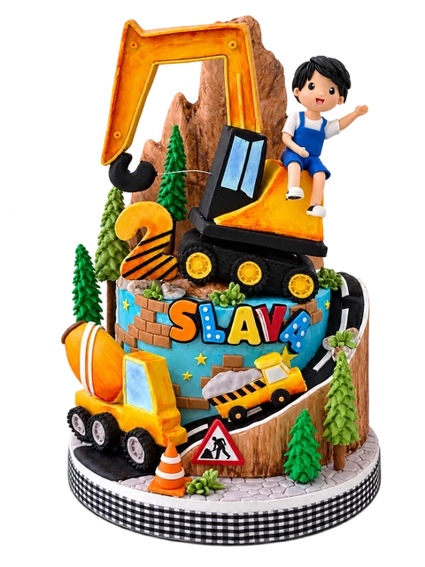 Kue ulang tahun anak bertema kendaraan konstruksi