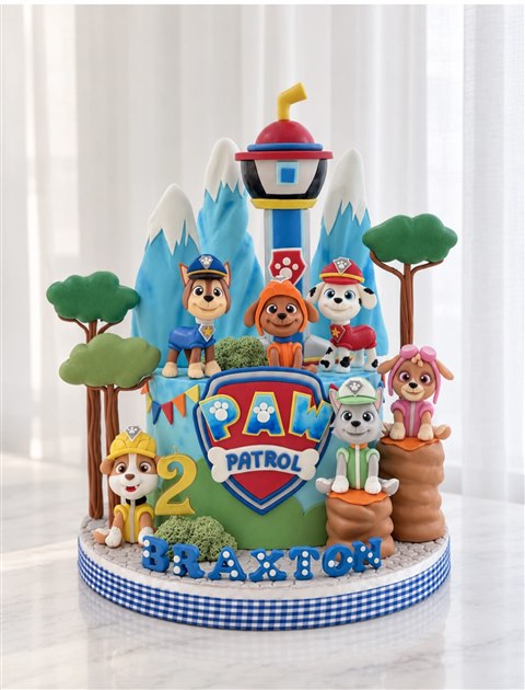 Kue Paw Patrol Braxton dengan menara, figur anjing, dan angka dua