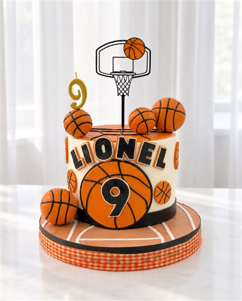 Kue basket Lionel dengan ring, bola oranye, lapangan, dan angka sembilan