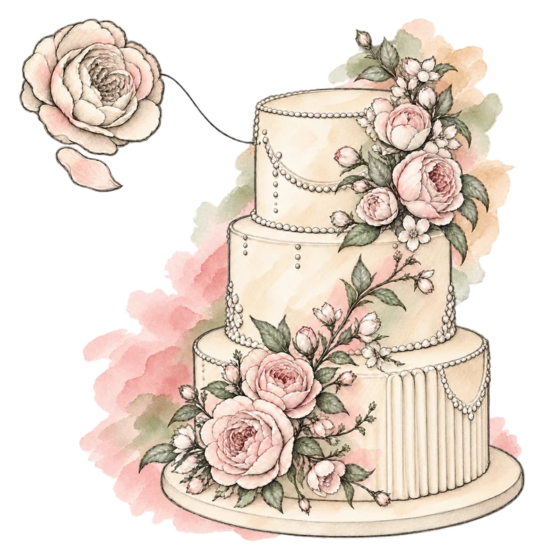 Ilustrasi wedding cake tiga tingkat dengan garis pensil, sapuan cat air cream, dan studi detail bunga.